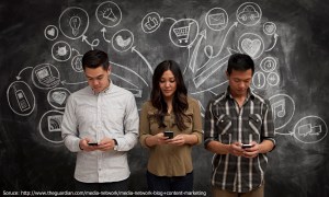 People on phones with social media icon chalkboard